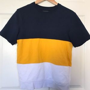 Short sleeve dark blue, mustard & white shirt